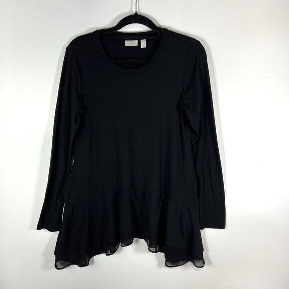 LOGO by Lori Goldstein Black Tunic Tee Slub Knit Ruffle Hem Womens Size Small - Picture 1 of 10